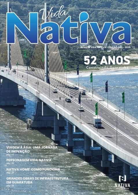 Capa da 9ª edição da Revista Vida Nativa, publicação da Nativa Empreendimentos que apresenta conteúdos sobre Guaratuba, sua história, meio ambiente, transformações e a atuação da empresa na cidade.