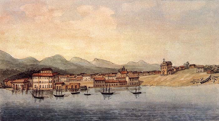 Guaratuba em 1827, retratada por Jean-Baptiste Debret. A aquarela é um dos registros iconográficos mais antigos conhecidos da cidade. Imagem: Wikimedia Commons / domínio público.